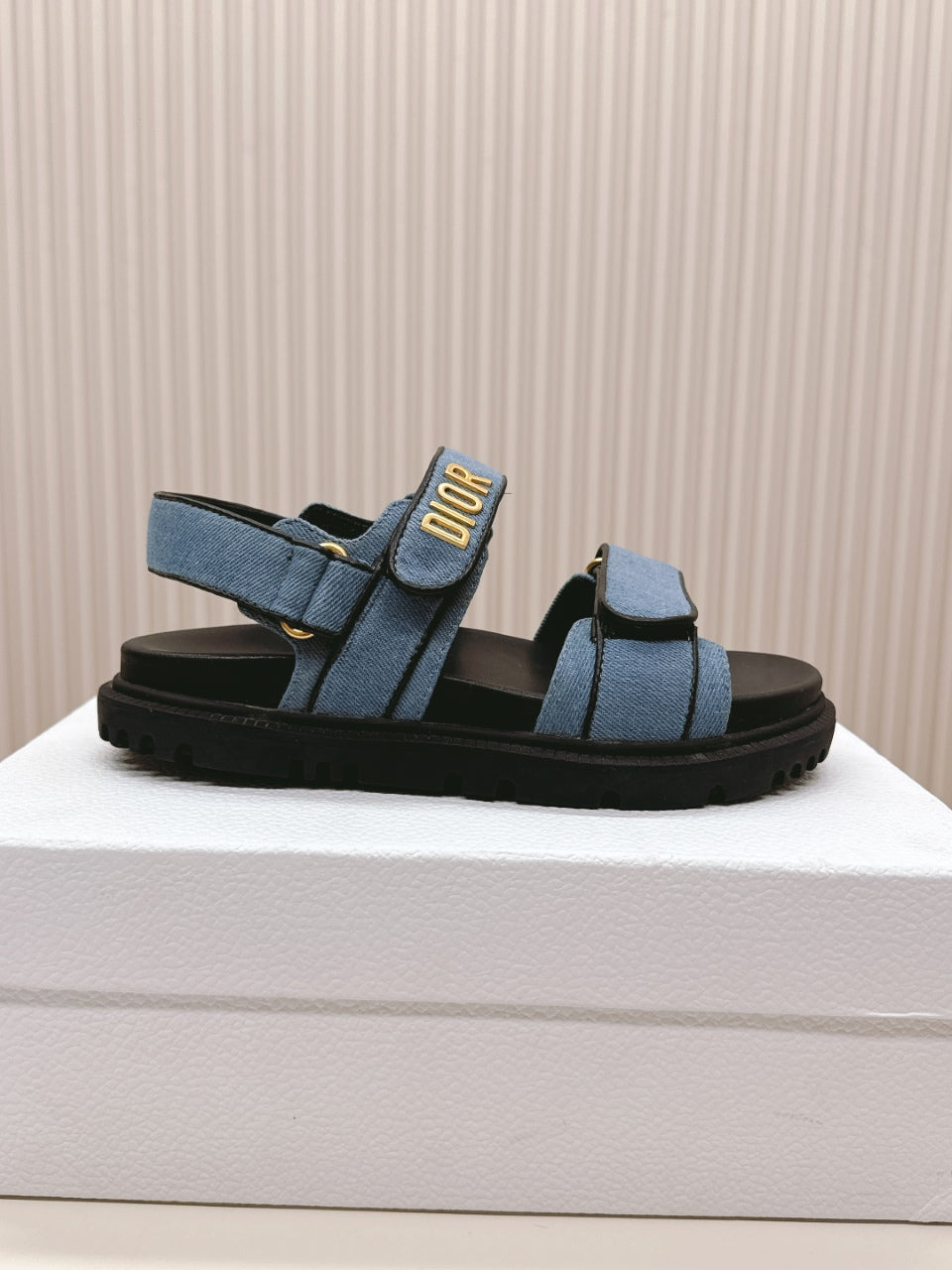 DIOR BACK-STRAP SANDALS 25S IN BLUE DENIM AND BLACK CALFSKIN WITH GOLD HARDWARE - 35
