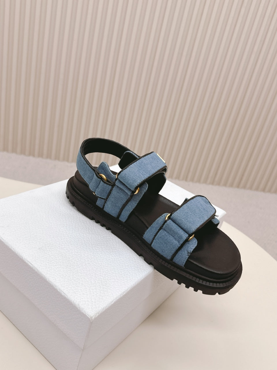 DIOR BACK-STRAP SANDALS 25S IN BLUE DENIM AND BLACK CALFSKIN WITH GOLD HARDWARE - 35