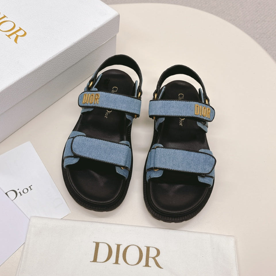 DIOR BACK-STRAP SANDALS 25S IN BLUE DENIM AND BLACK CALFSKIN WITH GOLD HARDWARE - 35