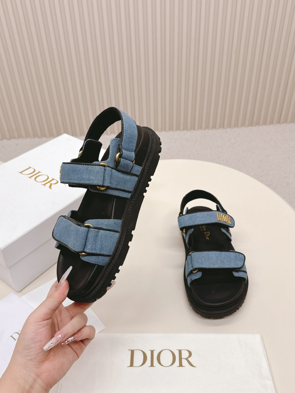 DIOR BACK-STRAP SANDALS 25S IN BLUE DENIM AND BLACK CALFSKIN WITH GOLD HARDWARE - 35