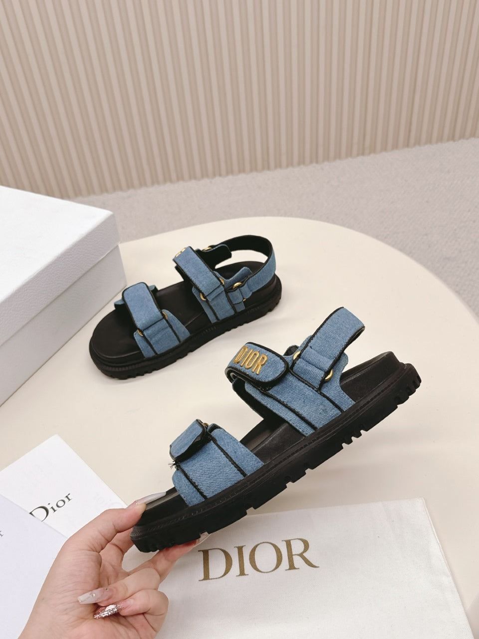 DIOR BACK-STRAP SANDALS 25S IN BLUE DENIM AND BLACK CALFSKIN WITH GOLD HARDWARE - 35