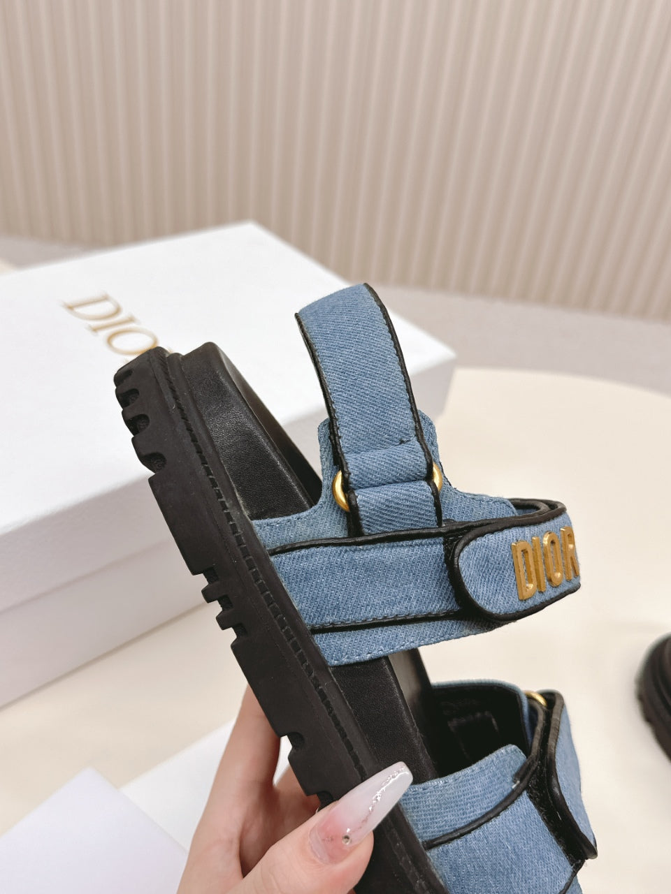 DIOR BACK-STRAP SANDALS 25S IN BLUE DENIM AND BLACK CALFSKIN WITH GOLD HARDWARE - 35