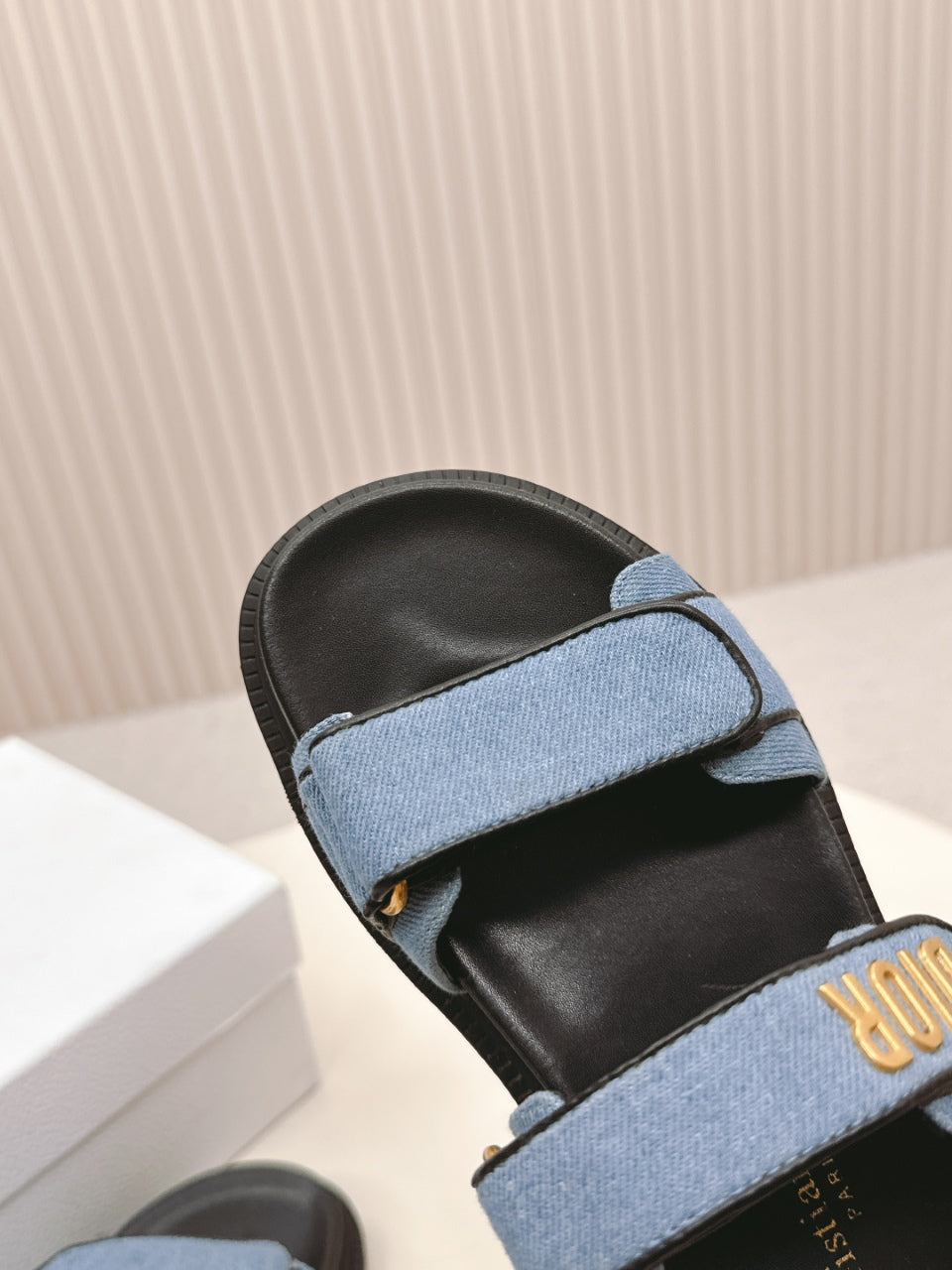 DIOR BACK-STRAP SANDALS 25S IN BLUE DENIM AND BLACK CALFSKIN WITH GOLD HARDWARE - 35