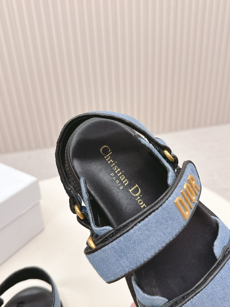 DIOR BACK-STRAP SANDALS 25S IN BLUE DENIM AND BLACK CALFSKIN WITH GOLD HARDWARE - 35