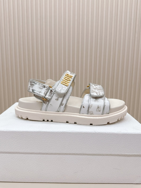 DIOR BACK-STRAP SANDALS 25S IN CREAM WHITE AND SILVER CALFSKIN WITH BUTTERFLY MOTIF - 35