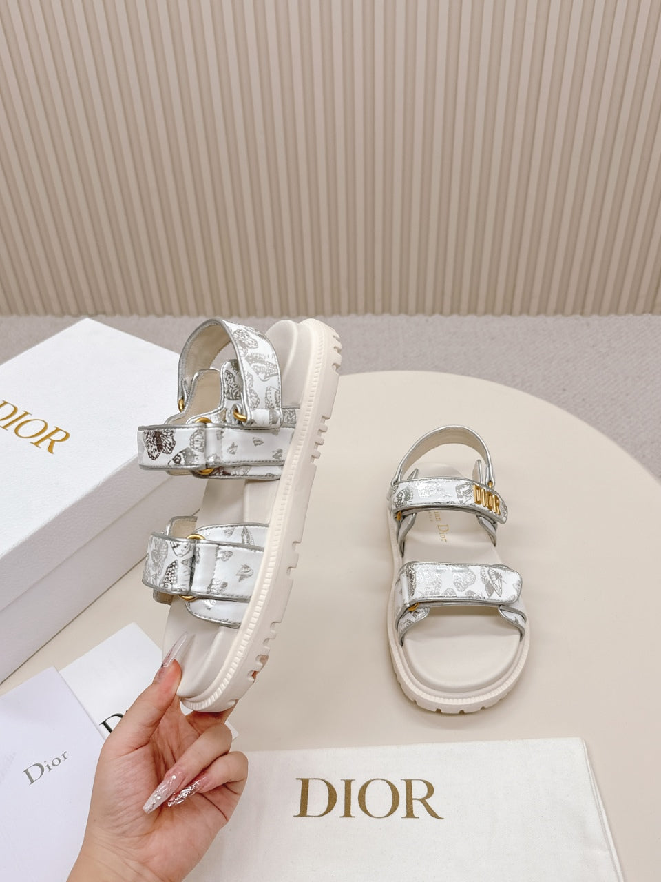 DIOR BACK-STRAP SANDALS 25S IN CREAM WHITE AND SILVER CALFSKIN WITH BUTTERFLY MOTIF - 35