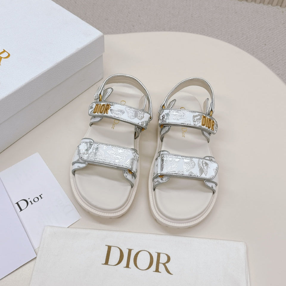 DIOR BACK-STRAP SANDALS 25S IN CREAM WHITE AND SILVER CALFSKIN WITH BUTTERFLY MOTIF - 35