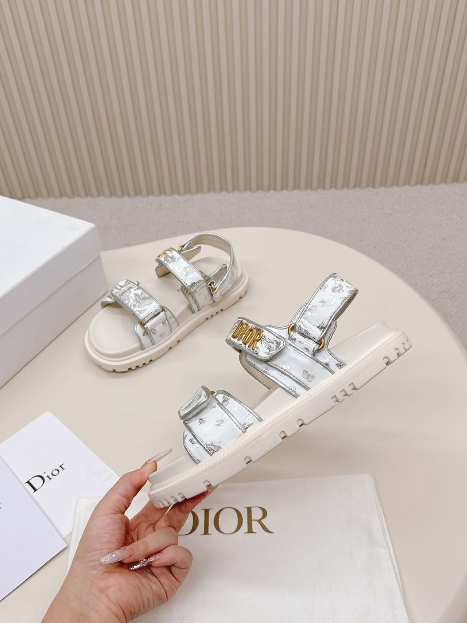 DIOR BACK-STRAP SANDALS 25S IN CREAM WHITE AND SILVER CALFSKIN WITH BUTTERFLY MOTIF - 35