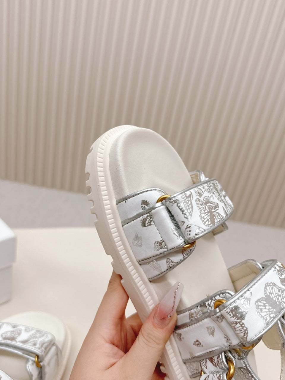 DIOR BACK-STRAP SANDALS 25S IN CREAM WHITE AND SILVER CALFSKIN WITH BUTTERFLY MOTIF - 35