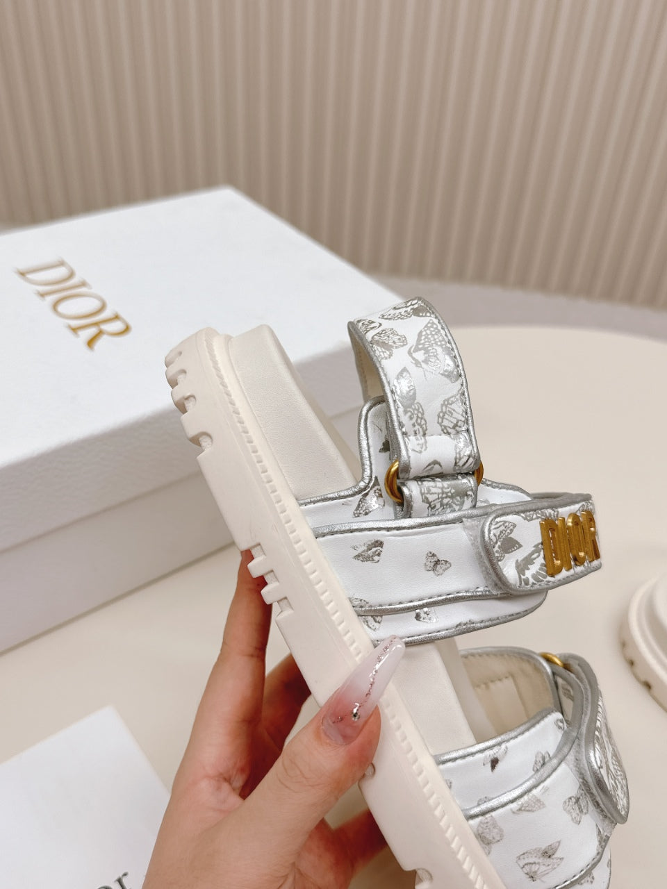 DIOR BACK-STRAP SANDALS 25S IN CREAM WHITE AND SILVER CALFSKIN WITH BUTTERFLY MOTIF - 35