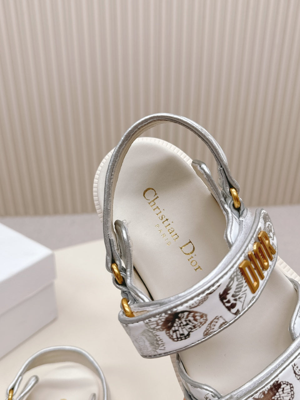 DIOR BACK-STRAP SANDALS 25S IN CREAM WHITE AND SILVER CALFSKIN WITH BUTTERFLY MOTIF - 35