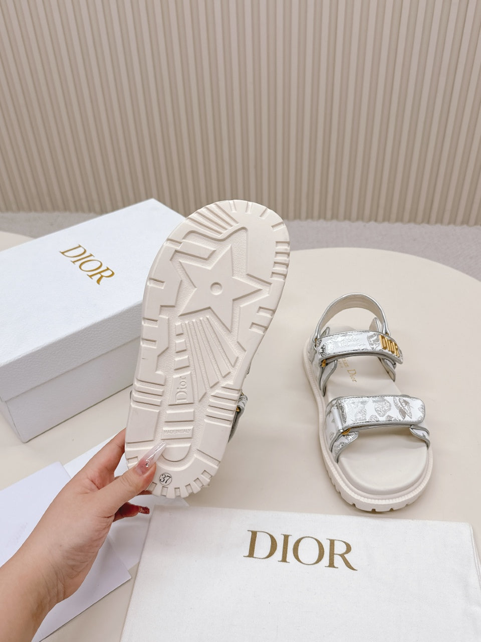 DIOR BACK-STRAP SANDALS 25S IN CREAM WHITE AND SILVER CALFSKIN WITH BUTTERFLY MOTIF - 35