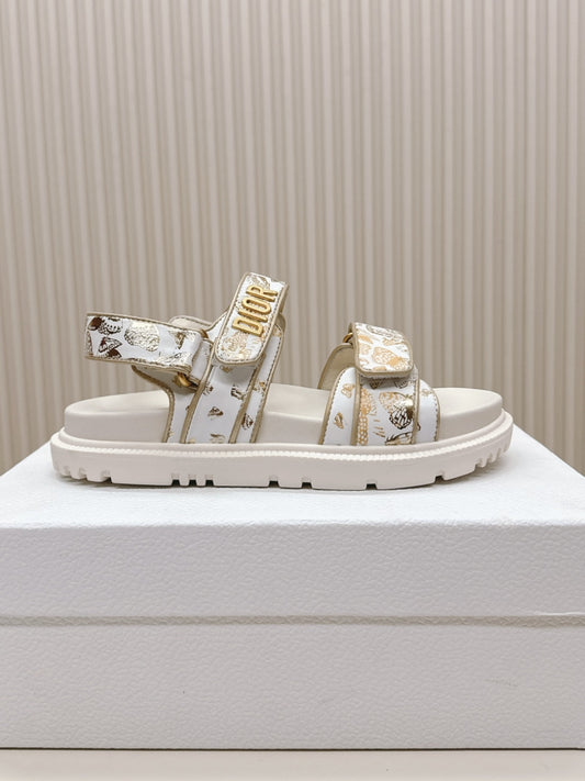 DIOR BACK-STRAP SANDALS 25S IN CREAM WHITE AND GOLD CALFSKIN WITH BUTTERFLY MOTIF - 35