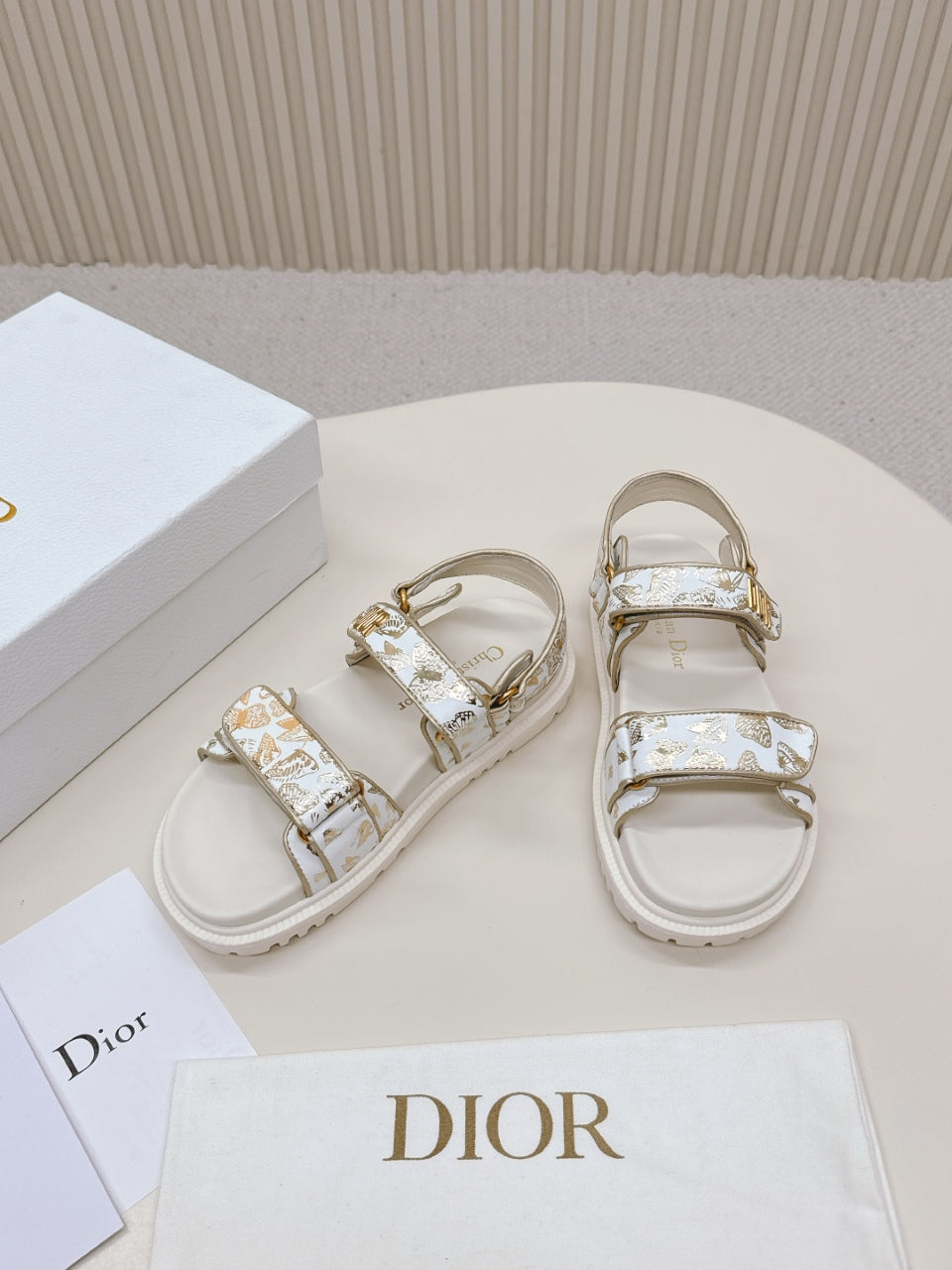 DIOR BACK-STRAP SANDALS 25S IN CREAM WHITE AND GOLD CALFSKIN WITH BUTTERFLY MOTIF - 35