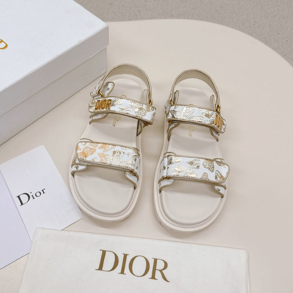 DIOR BACK-STRAP SANDALS 25S IN CREAM WHITE AND GOLD CALFSKIN WITH BUTTERFLY MOTIF - 35