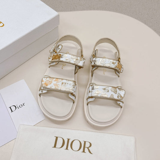 DIOR BACK-STRAP SANDALS 25S IN CREAM WHITE AND GOLD CALFSKIN WITH BUTTERFLY MOTIF - 35