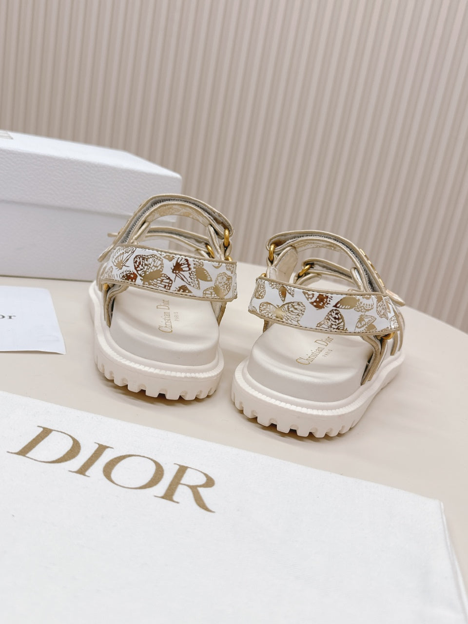 DIOR BACK-STRAP SANDALS 25S IN CREAM WHITE AND GOLD CALFSKIN WITH BUTTERFLY MOTIF - 35