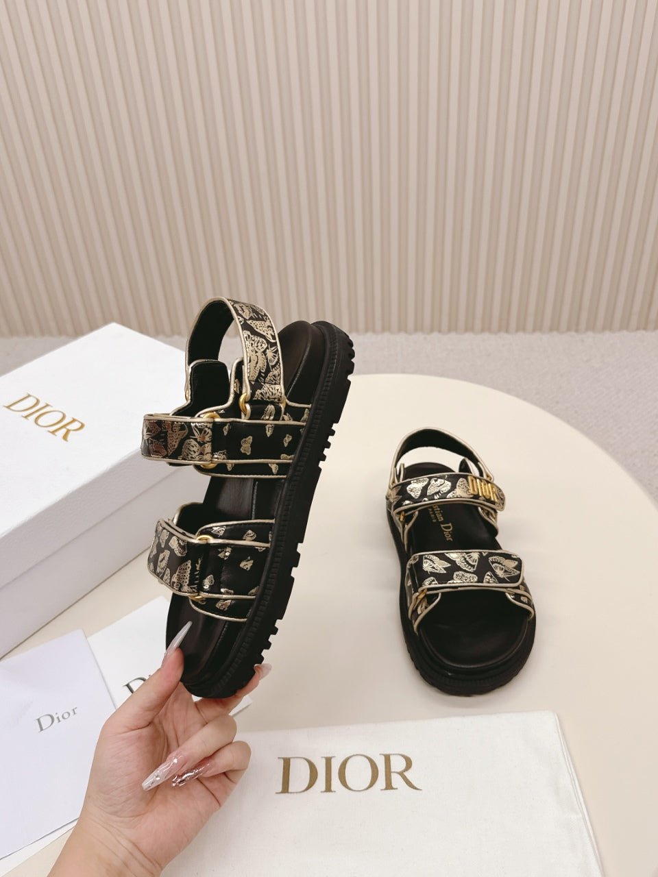 DIOR BACK-STRAP SANDALS 25S IN BLACK AND GOLD CALFSKIN WITH BUTTERFLY MOTIF - 35