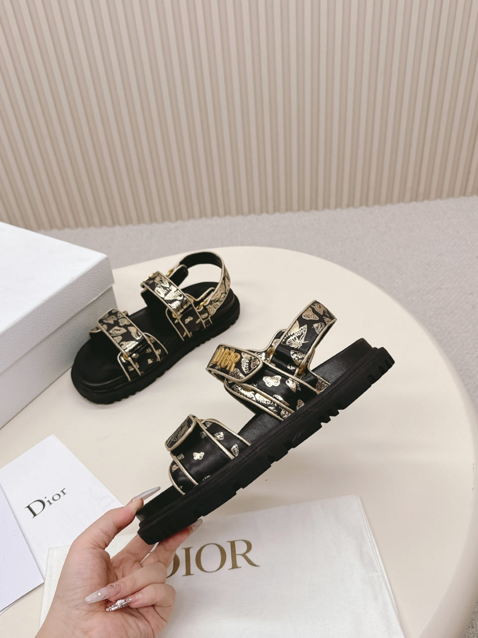 DIOR BACK-STRAP SANDALS 25S IN BLACK AND GOLD CALFSKIN WITH BUTTERFLY MOTIF - 35