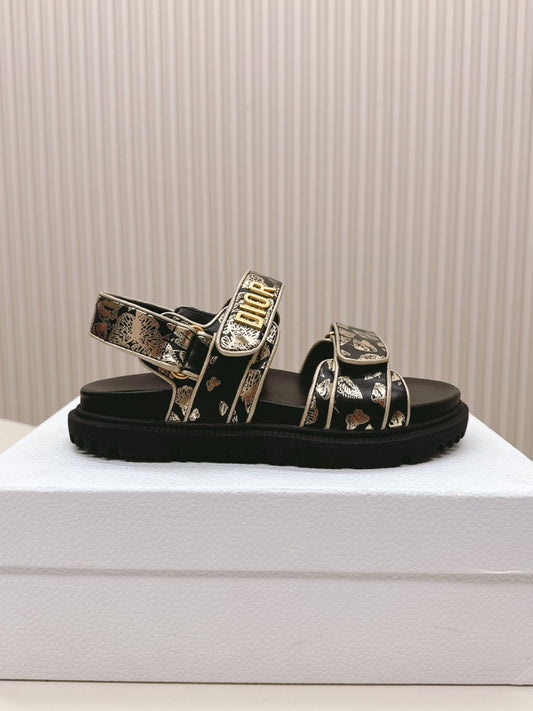 DIOR BACK-STRAP SANDALS 25S IN BLACK AND GOLD CALFSKIN WITH BUTTERFLY MOTIF - 35