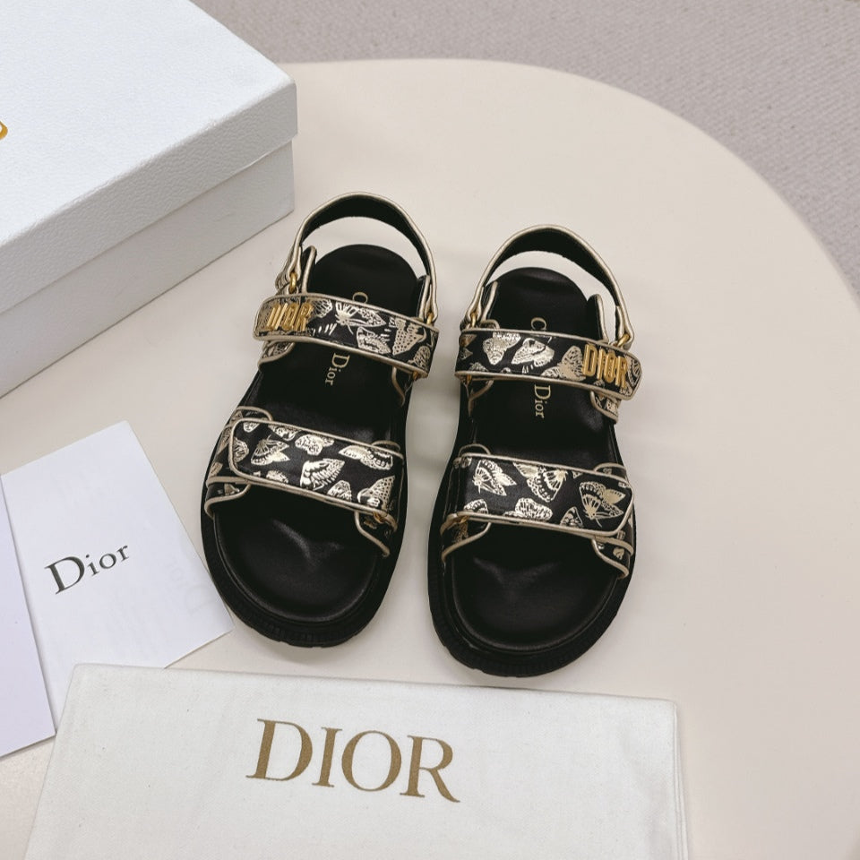 DIOR BACK-STRAP SANDALS 25S IN BLACK AND GOLD CALFSKIN WITH BUTTERFLY MOTIF - 35