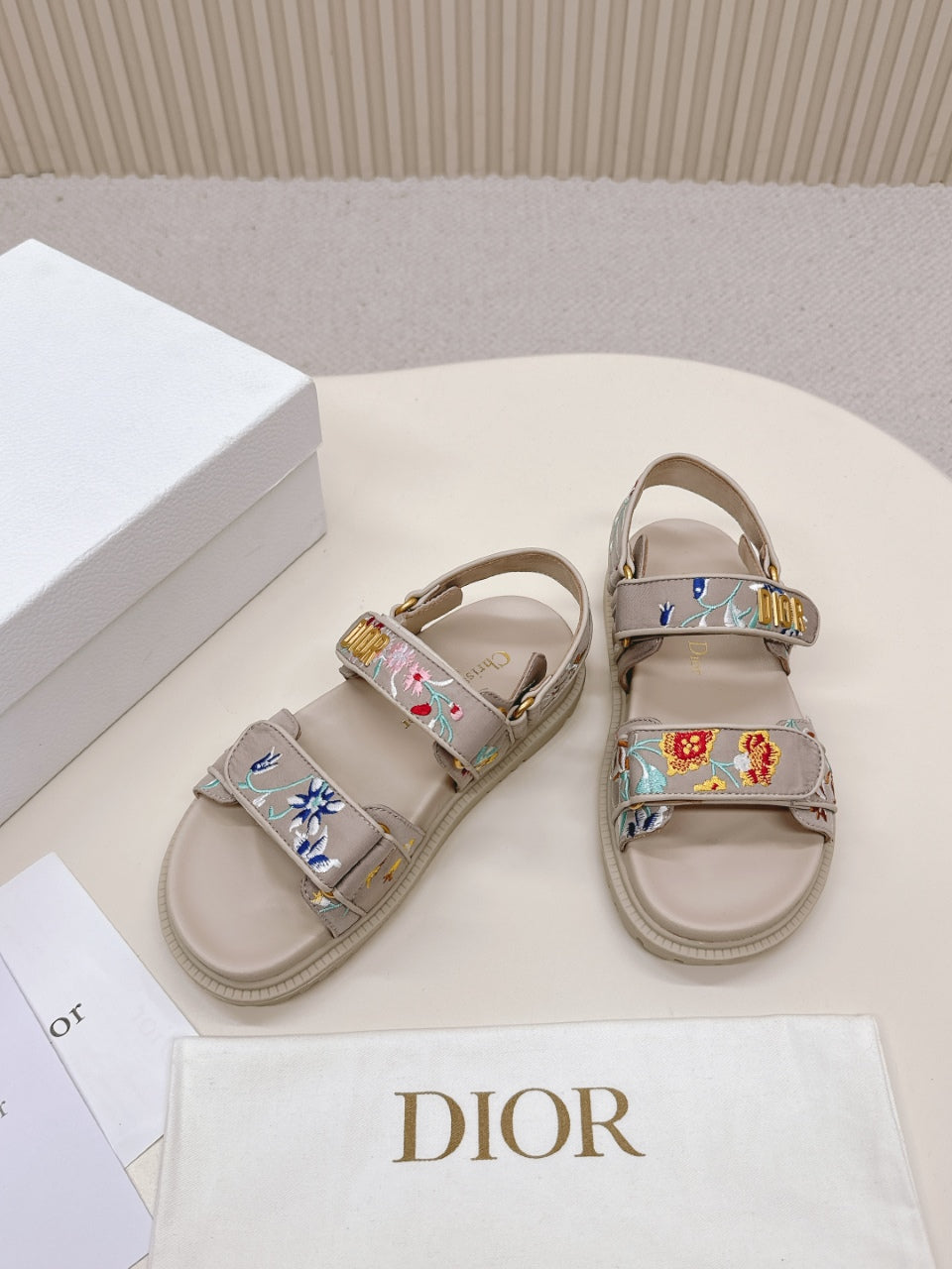 DIOR BACK-STRAP SANDALS 25S IN BEIGE CALFSKIN EMBROIDERED WITH PETITES FLEURS - 35
