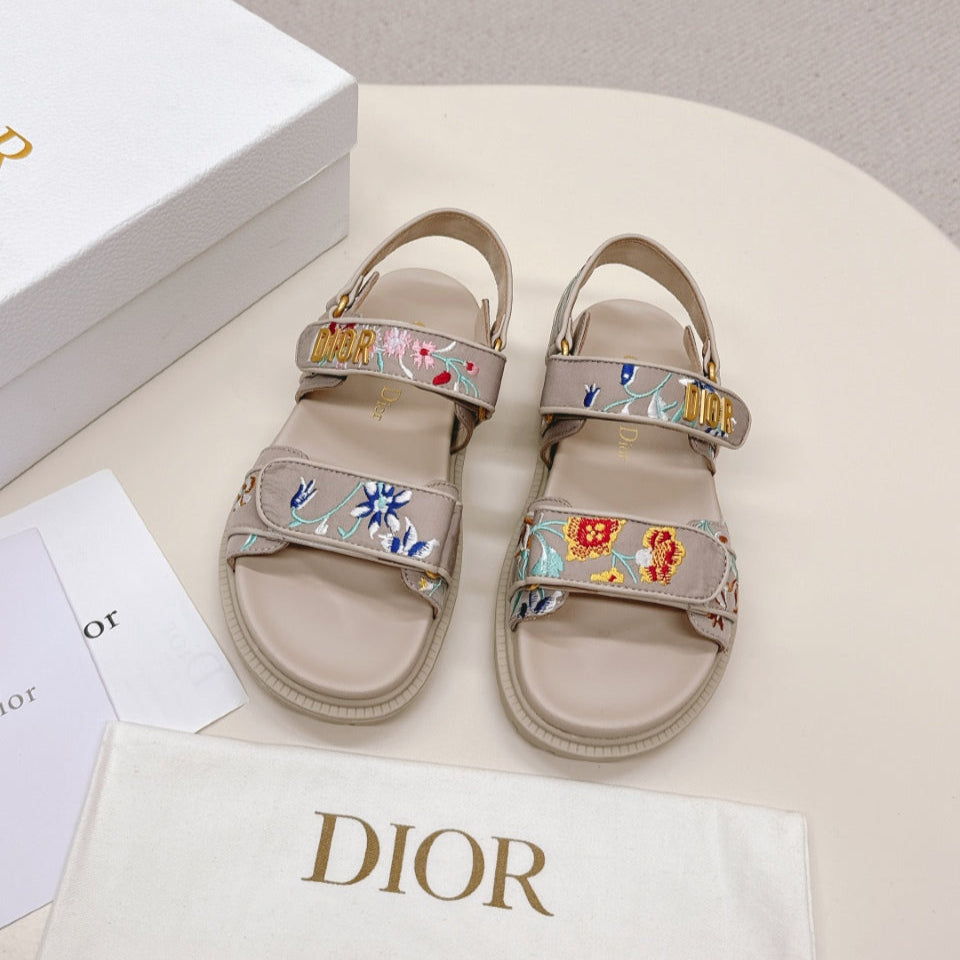 DIOR BACK-STRAP SANDALS 25S IN BEIGE CALFSKIN EMBROIDERED WITH PETITES FLEURS - 35
