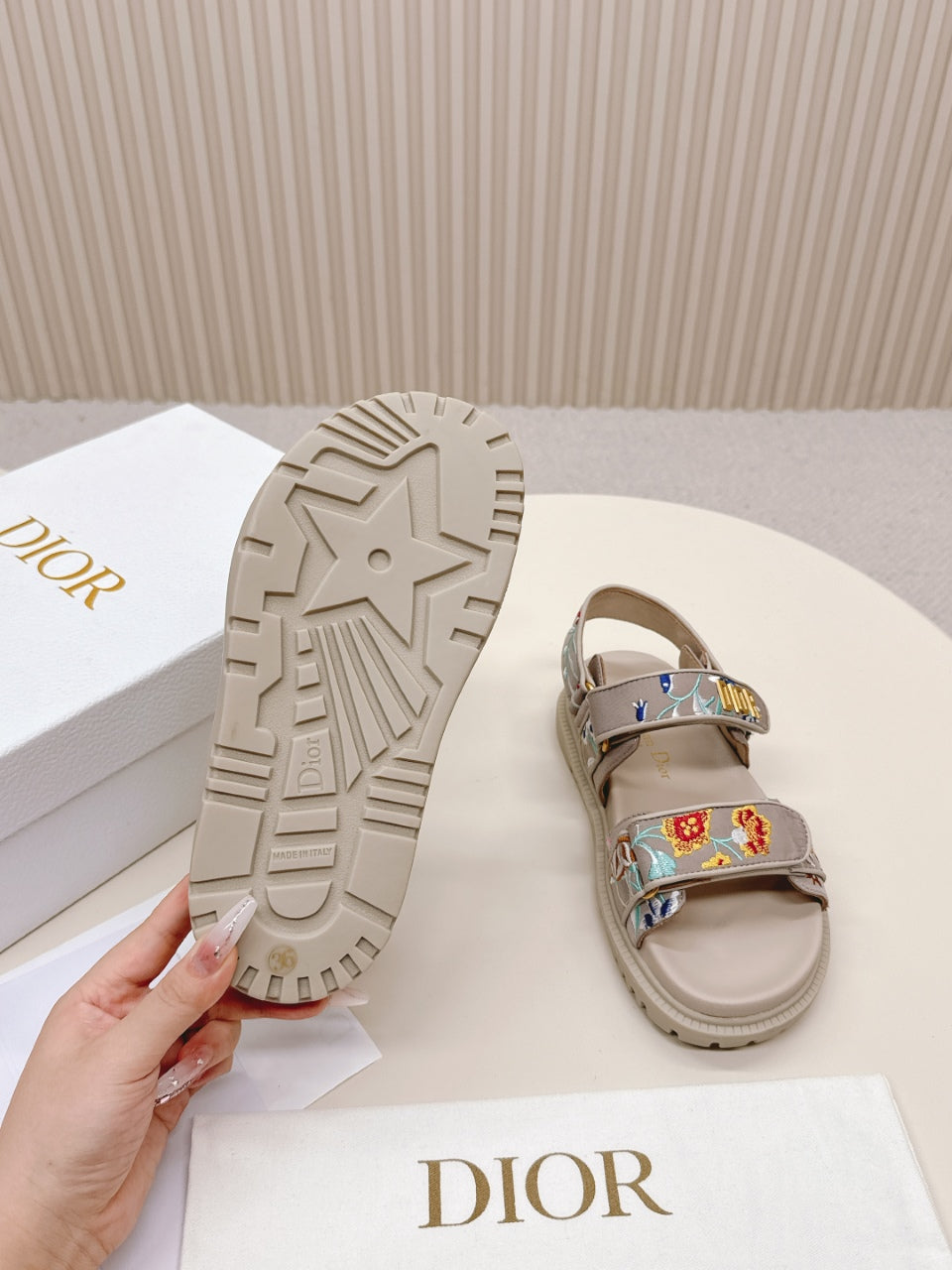 DIOR BACK-STRAP SANDALS 25S IN BEIGE CALFSKIN EMBROIDERED WITH PETITES FLEURS - 35