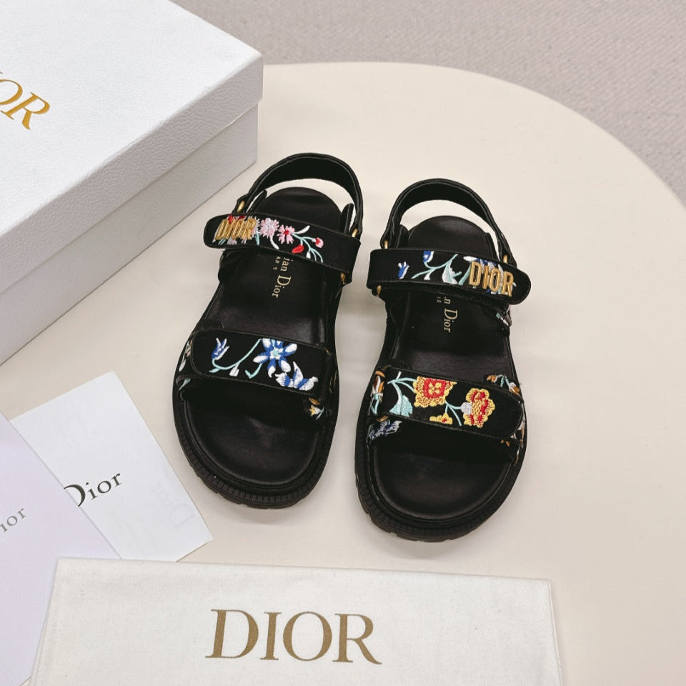 DIOR BACK-STRAP SANDALS 25S IN BLACK CALFSKIN EMBROIDERED WITH PETITES FLEURS - 35