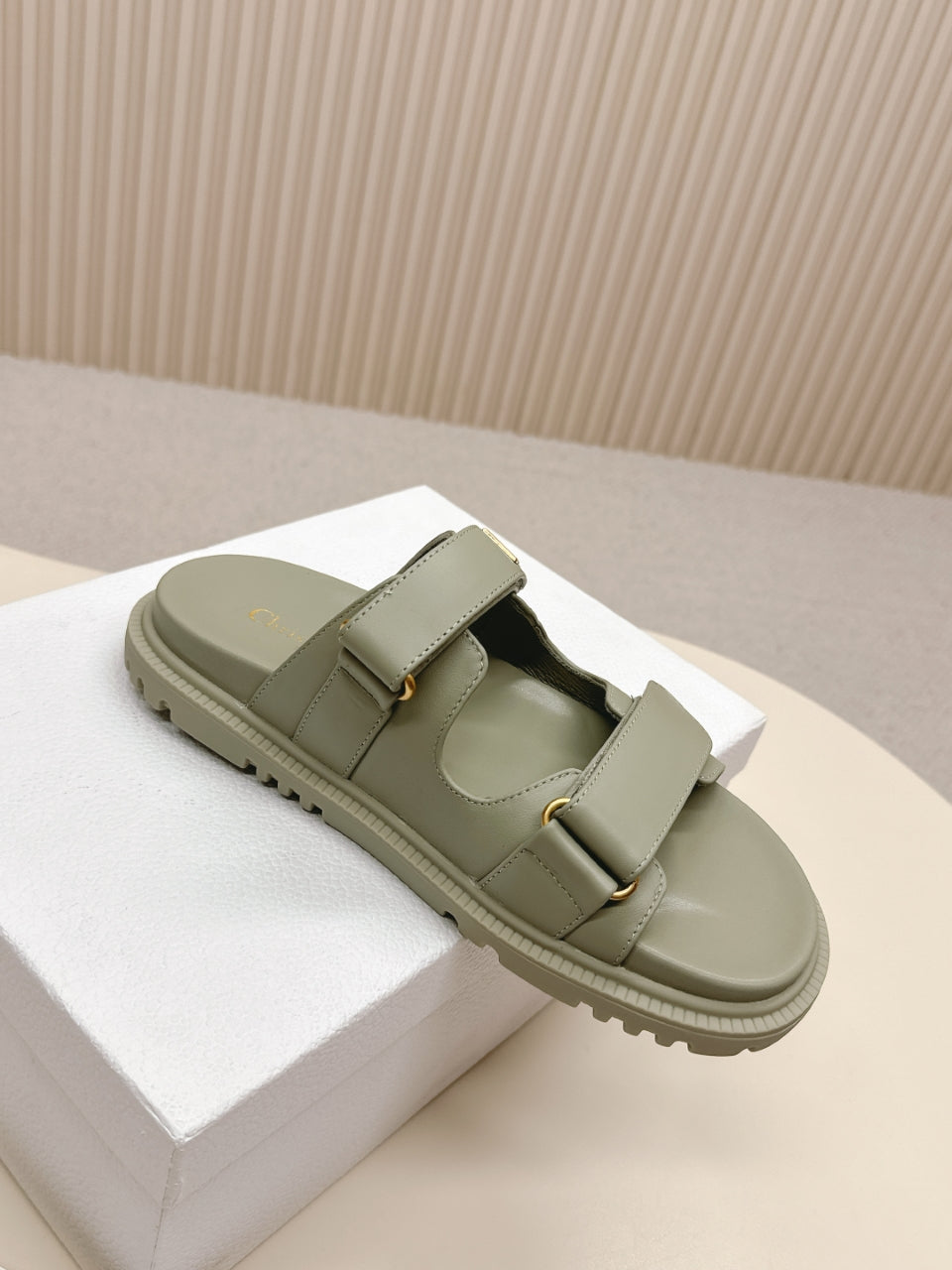 DIOR CLASSIC DOUBLE-STRAP SLIDES 25S IN LIGHT MOSS GREEN CALFSKIN - 35