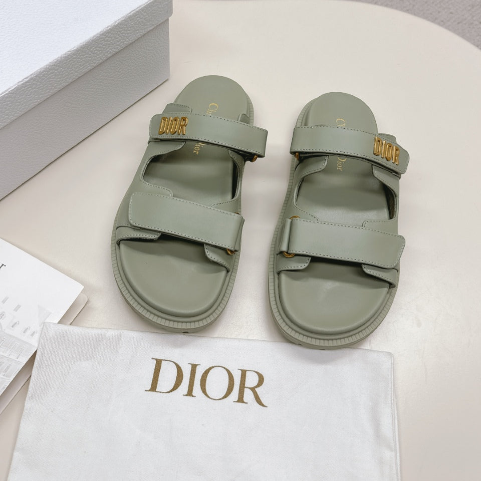 DIOR CLASSIC DOUBLE-STRAP SLIDES 25S IN LIGHT MOSS GREEN CALFSKIN - 35