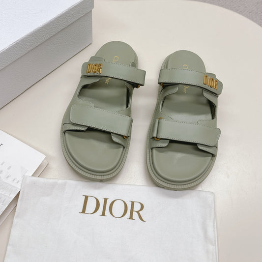 DIOR CLASSIC DOUBLE-STRAP SLIDES 25S IN LIGHT MOSS GREEN CALFSKIN - 35