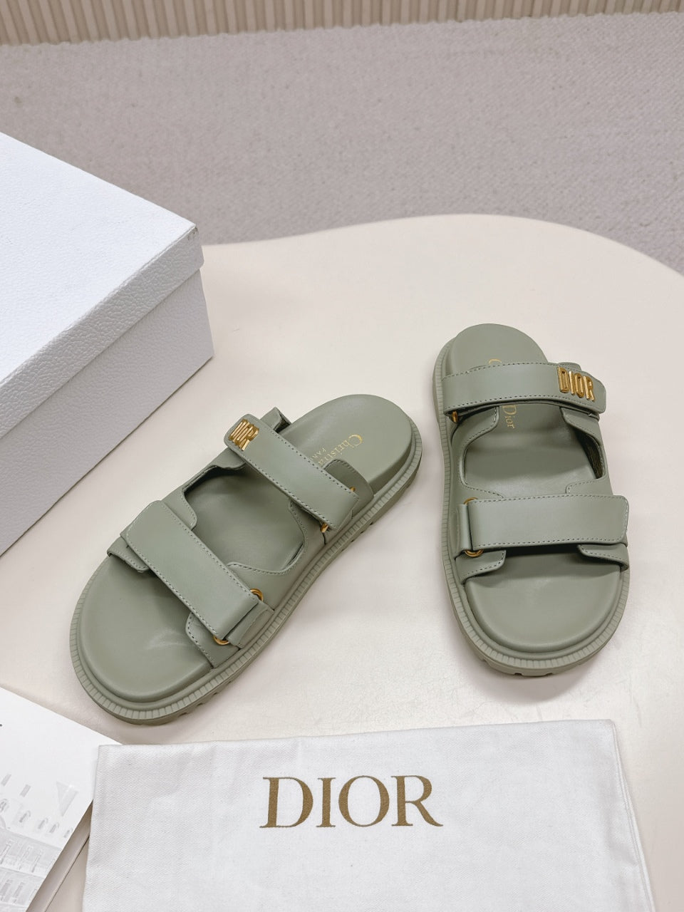 DIOR CLASSIC DOUBLE-STRAP SLIDES 25S IN LIGHT MOSS GREEN CALFSKIN - 35
