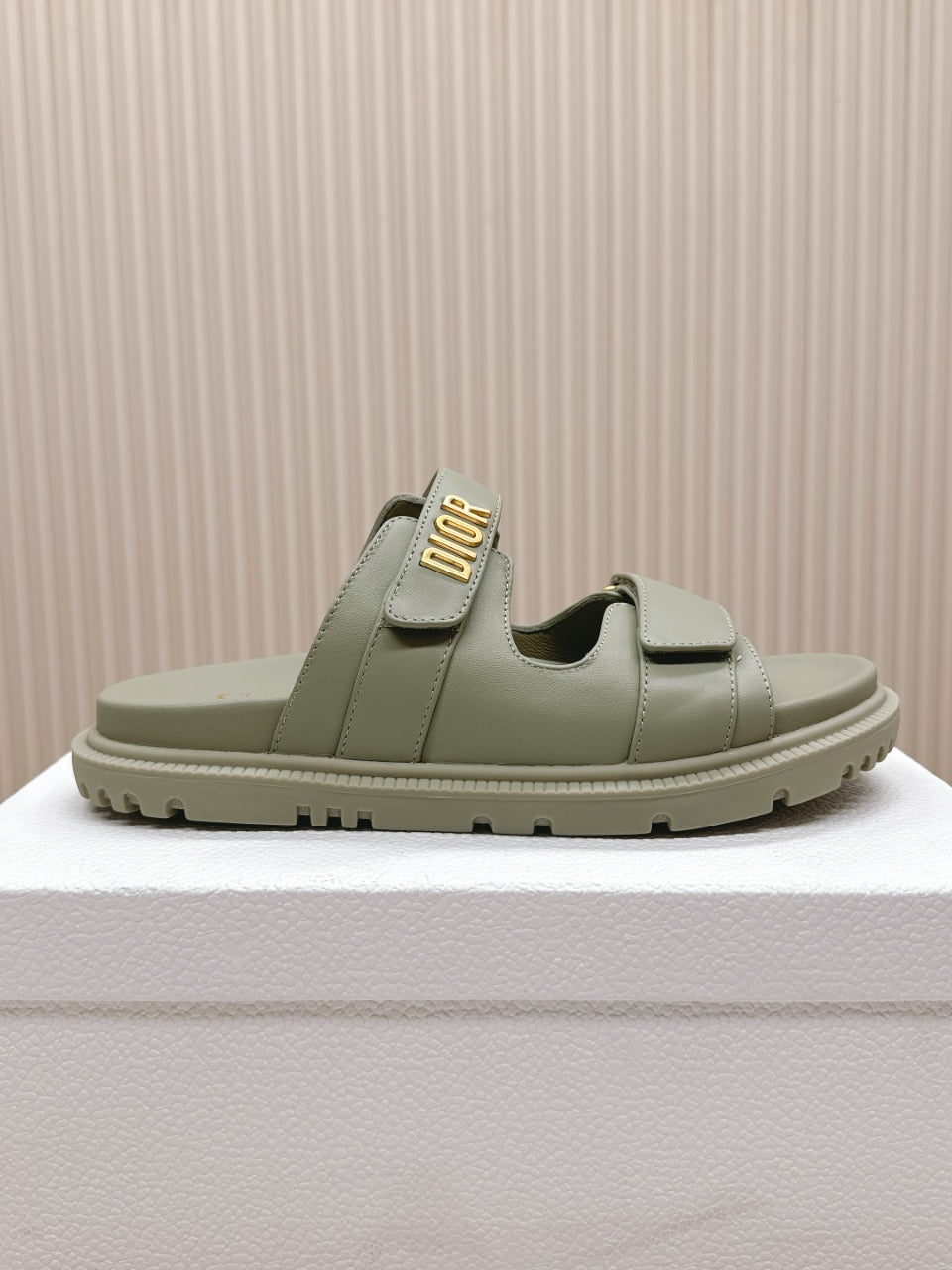 DIOR CLASSIC DOUBLE-STRAP SLIDES 25S IN LIGHT MOSS GREEN CALFSKIN - 35