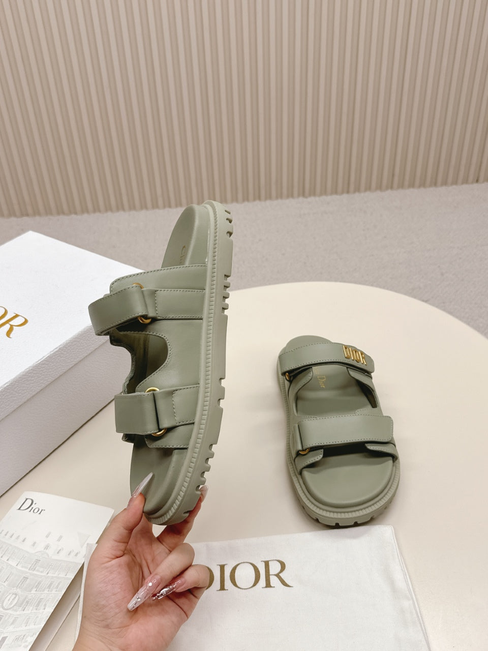 DIOR CLASSIC DOUBLE-STRAP SLIDES 25S IN LIGHT MOSS GREEN CALFSKIN - 35