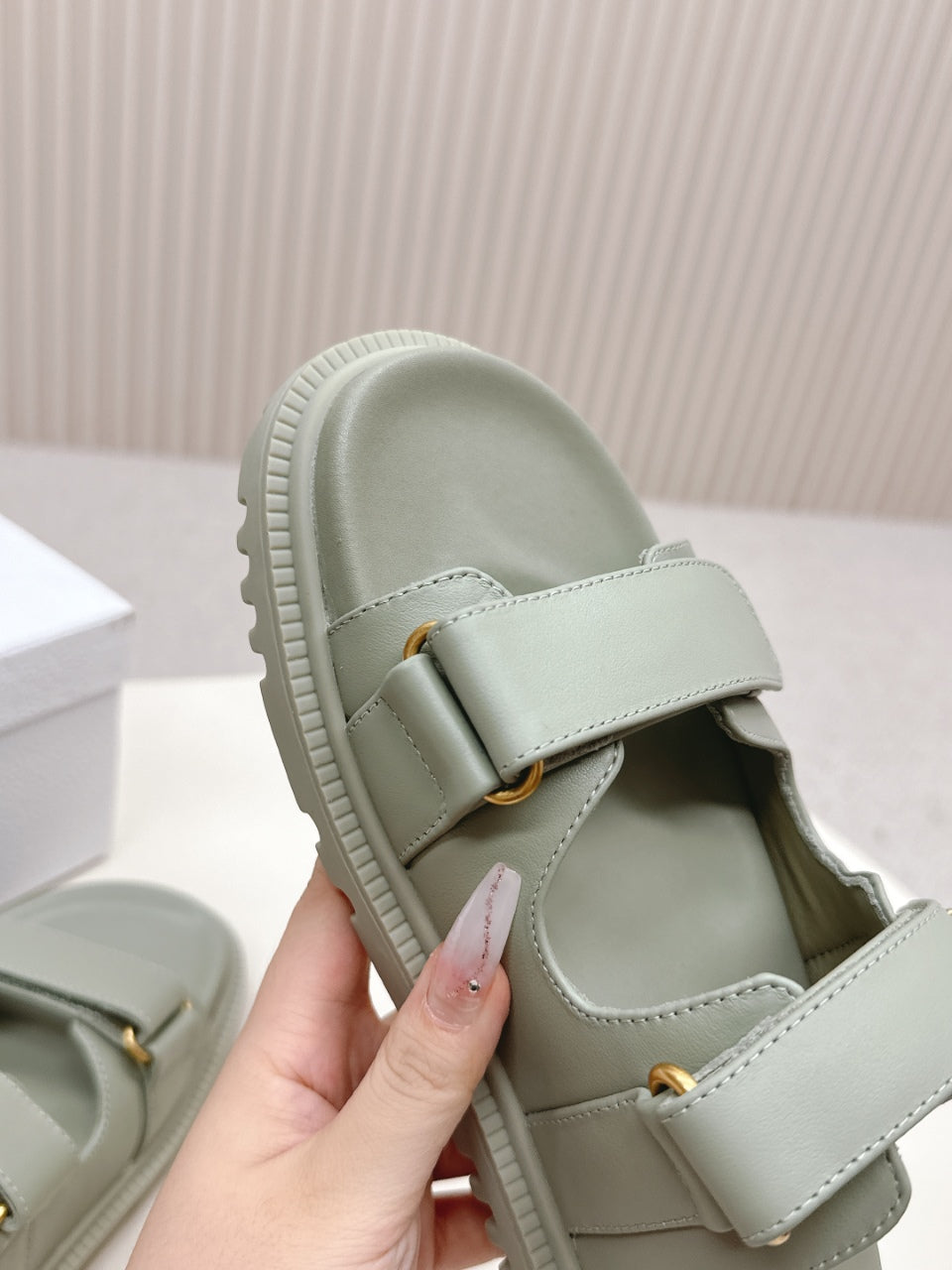 DIOR CLASSIC DOUBLE-STRAP SLIDES 25S IN LIGHT MOSS GREEN CALFSKIN - 35