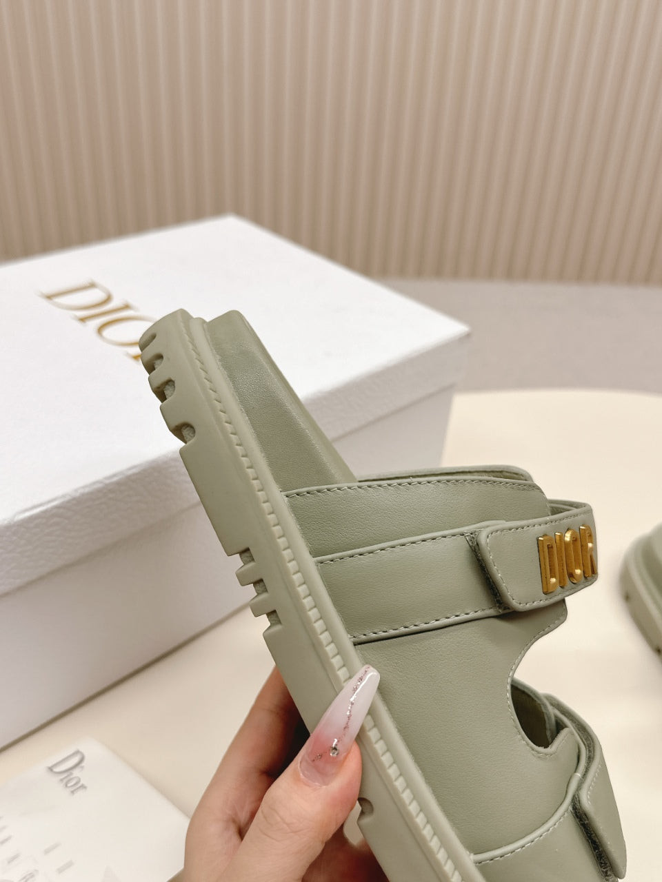 DIOR CLASSIC DOUBLE-STRAP SLIDES 25S IN LIGHT MOSS GREEN CALFSKIN - 35