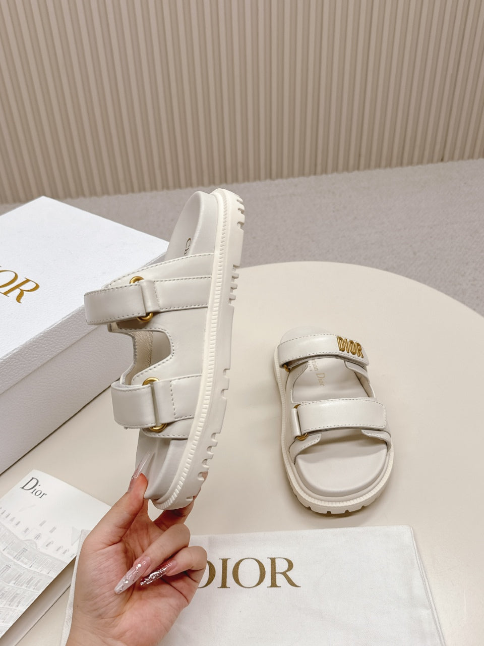 DIOR CLASSIC DOUBLE-STRAP SLIDES 25S IN CREAM WHITE CALFSKIN - 35