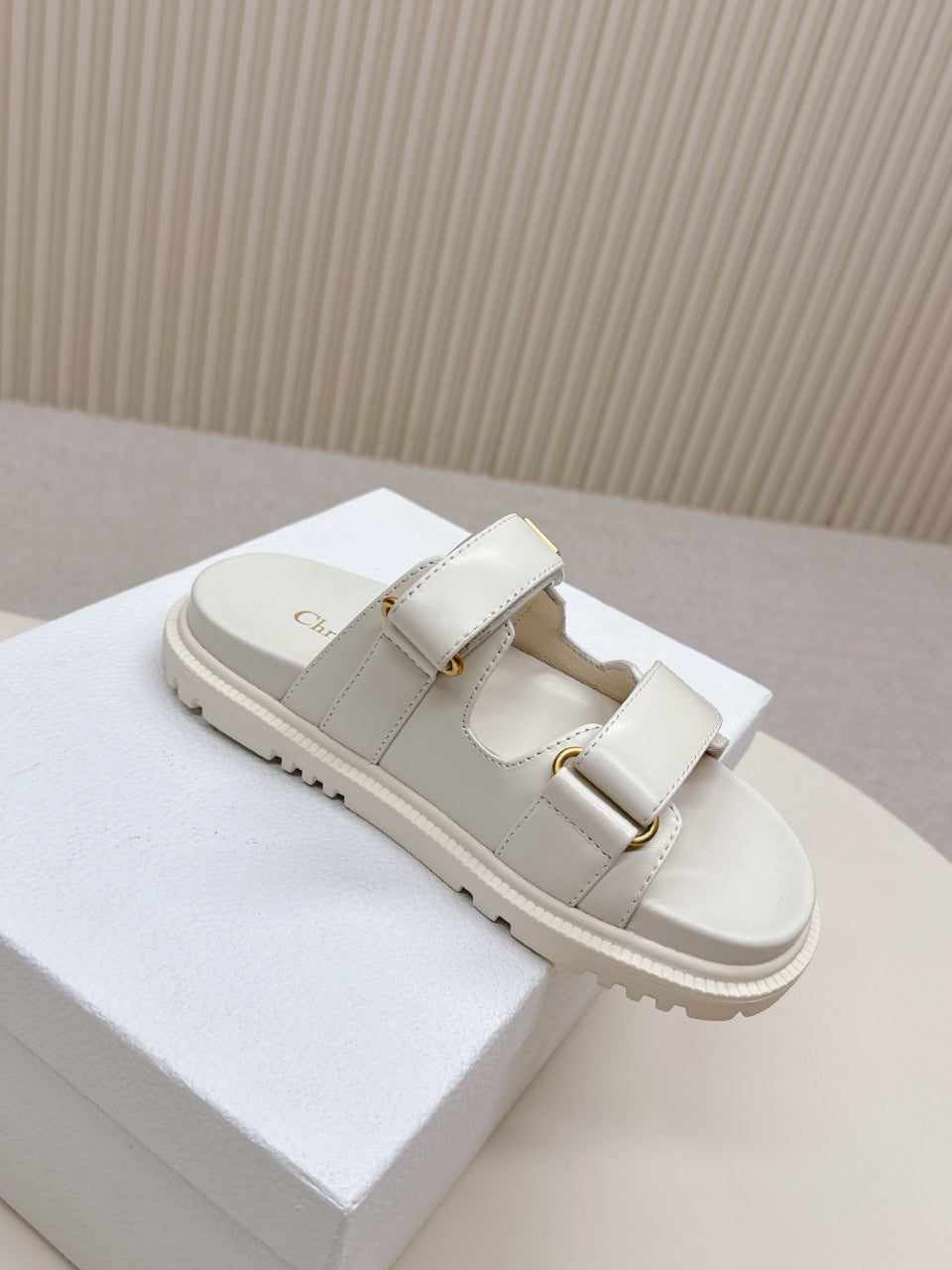 DIOR CLASSIC DOUBLE-STRAP SLIDES 25S IN CREAM WHITE CALFSKIN - 35