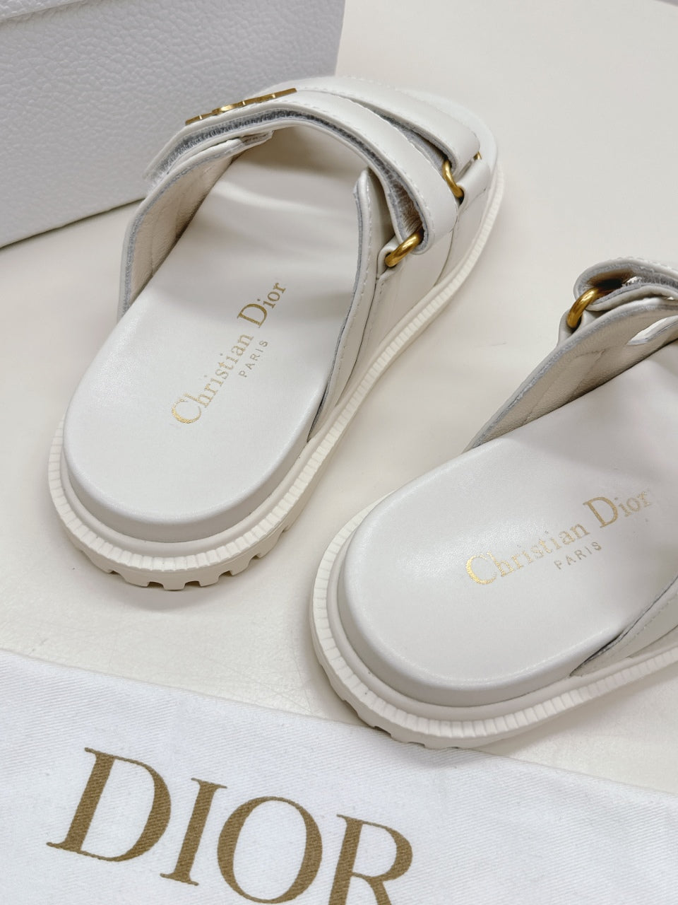 DIOR CLASSIC DOUBLE-STRAP SLIDES 25S IN CREAM WHITE CALFSKIN - 35