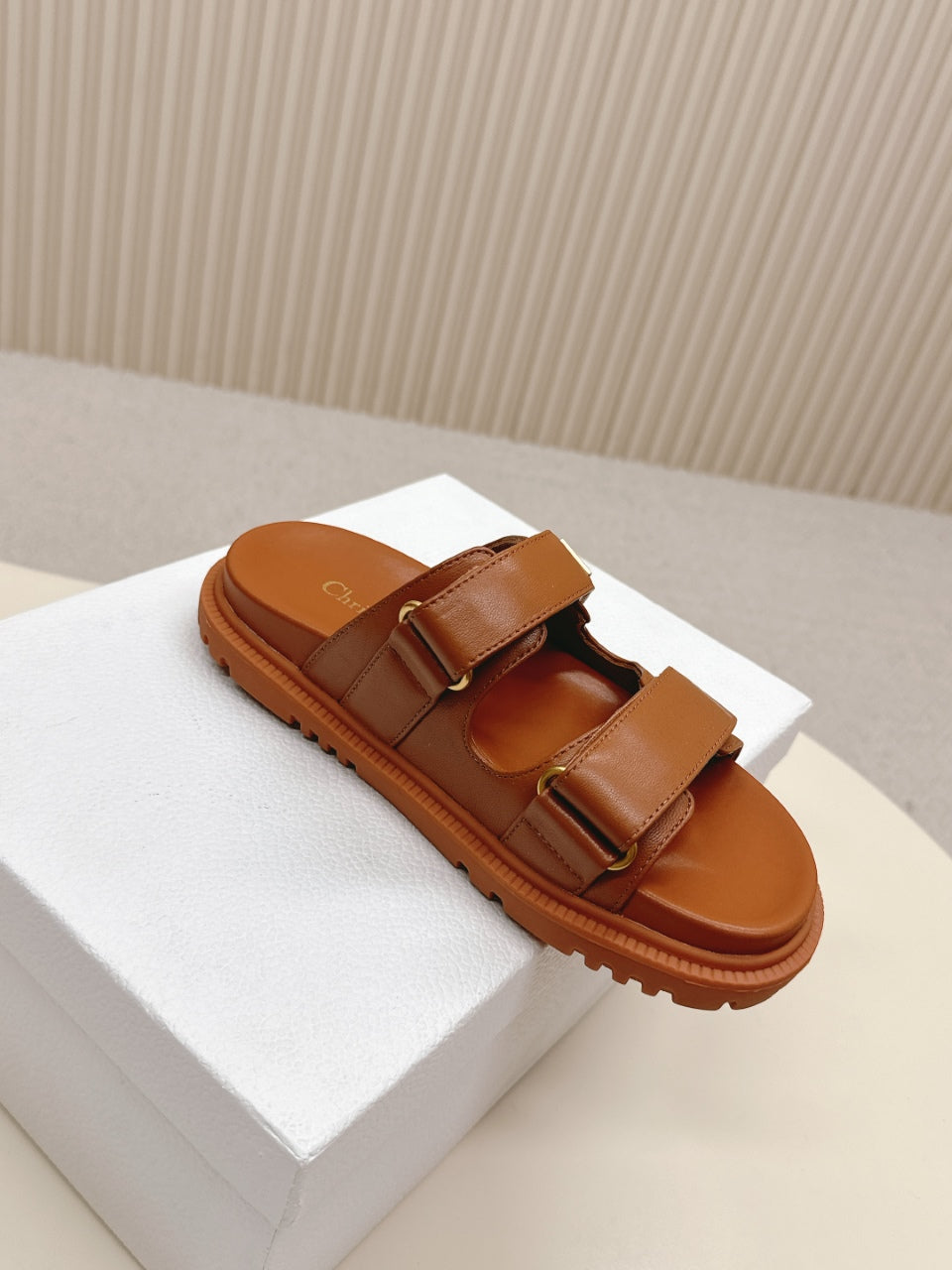 DIOR CLASSIC DOUBLE-STRAP SLIDES 25S IN BROWN CALFSKIN - 35