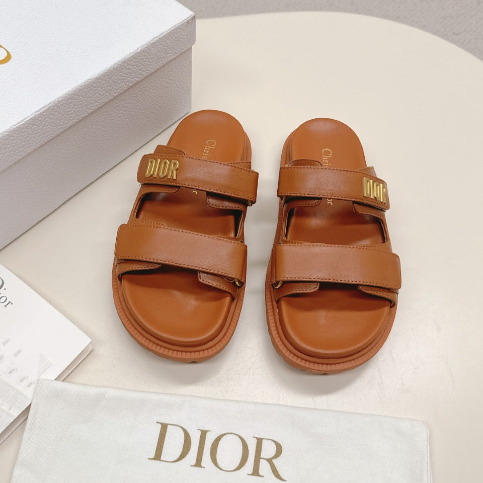 DIOR CLASSIC DOUBLE-STRAP SLIDES 25S IN BROWN CALFSKIN - 35