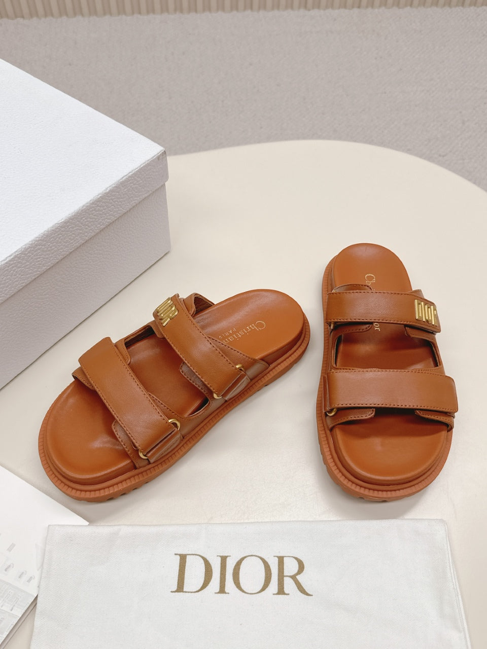 DIOR CLASSIC DOUBLE-STRAP SLIDES 25S IN BROWN CALFSKIN - 35