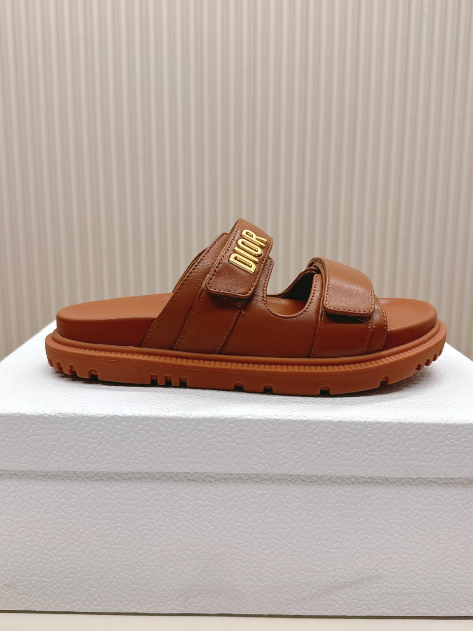 DIOR CLASSIC DOUBLE-STRAP SLIDES 25S IN BROWN CALFSKIN - 35