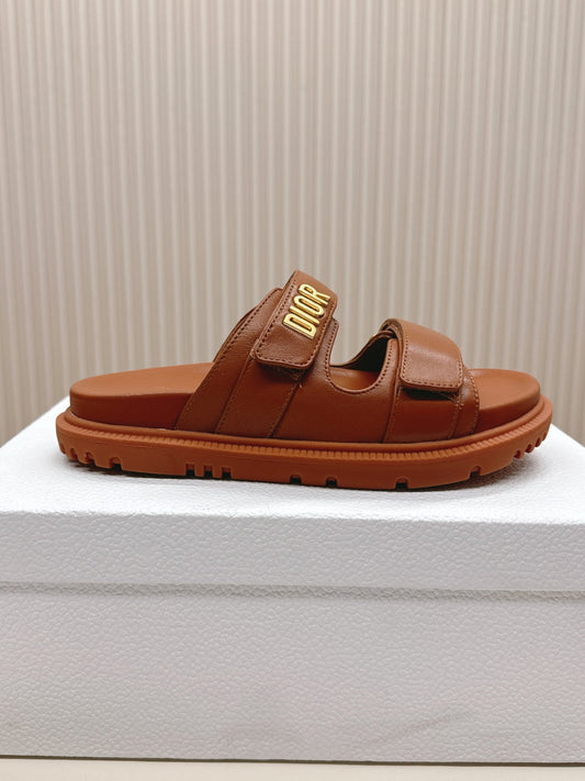 DIOR CLASSIC DOUBLE-STRAP SLIDES 25S IN BROWN CALFSKIN - 35