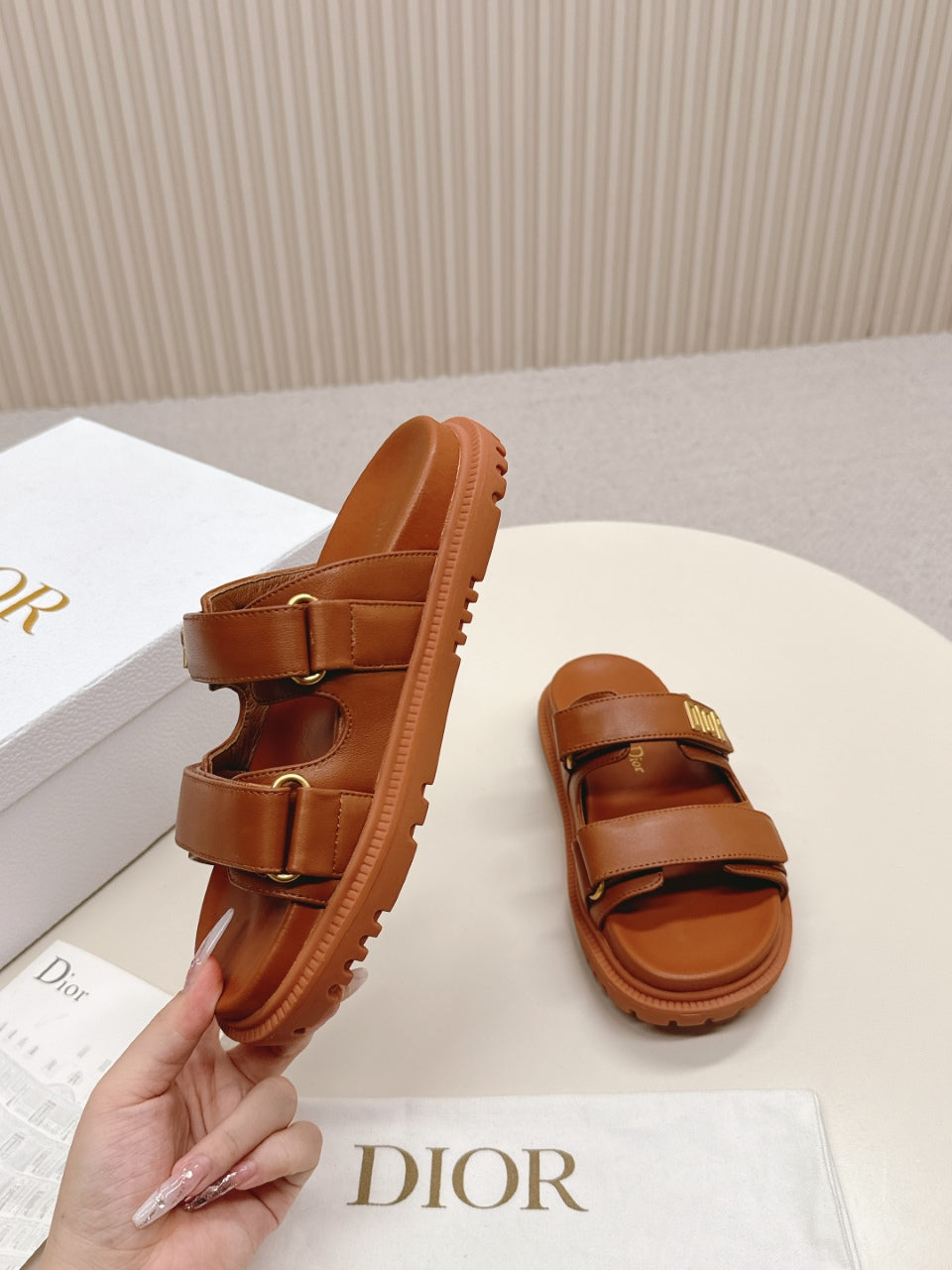 DIOR CLASSIC DOUBLE-STRAP SLIDES 25S IN BROWN CALFSKIN - 35