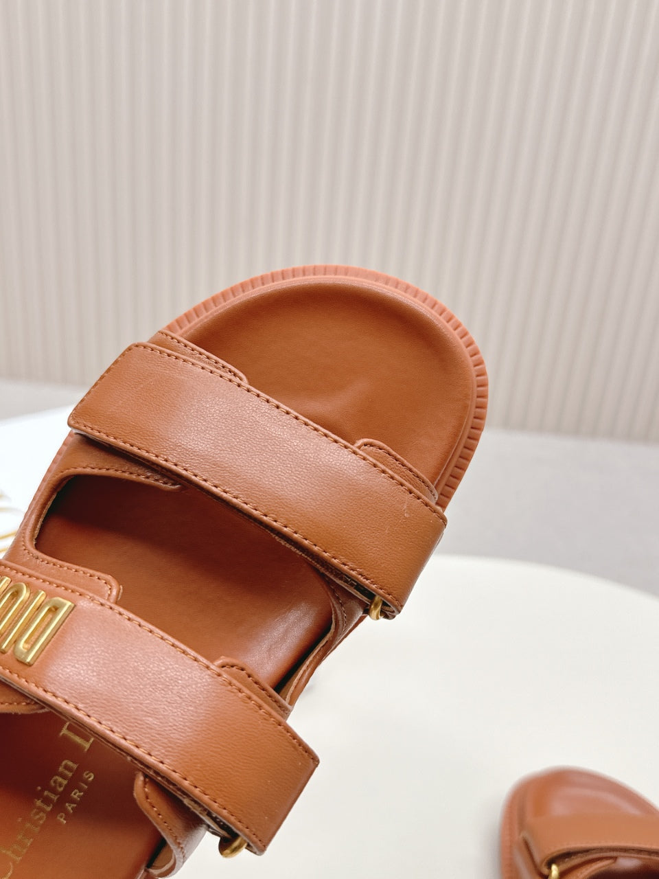 DIOR CLASSIC DOUBLE-STRAP SLIDES 25S IN BROWN CALFSKIN - 35
