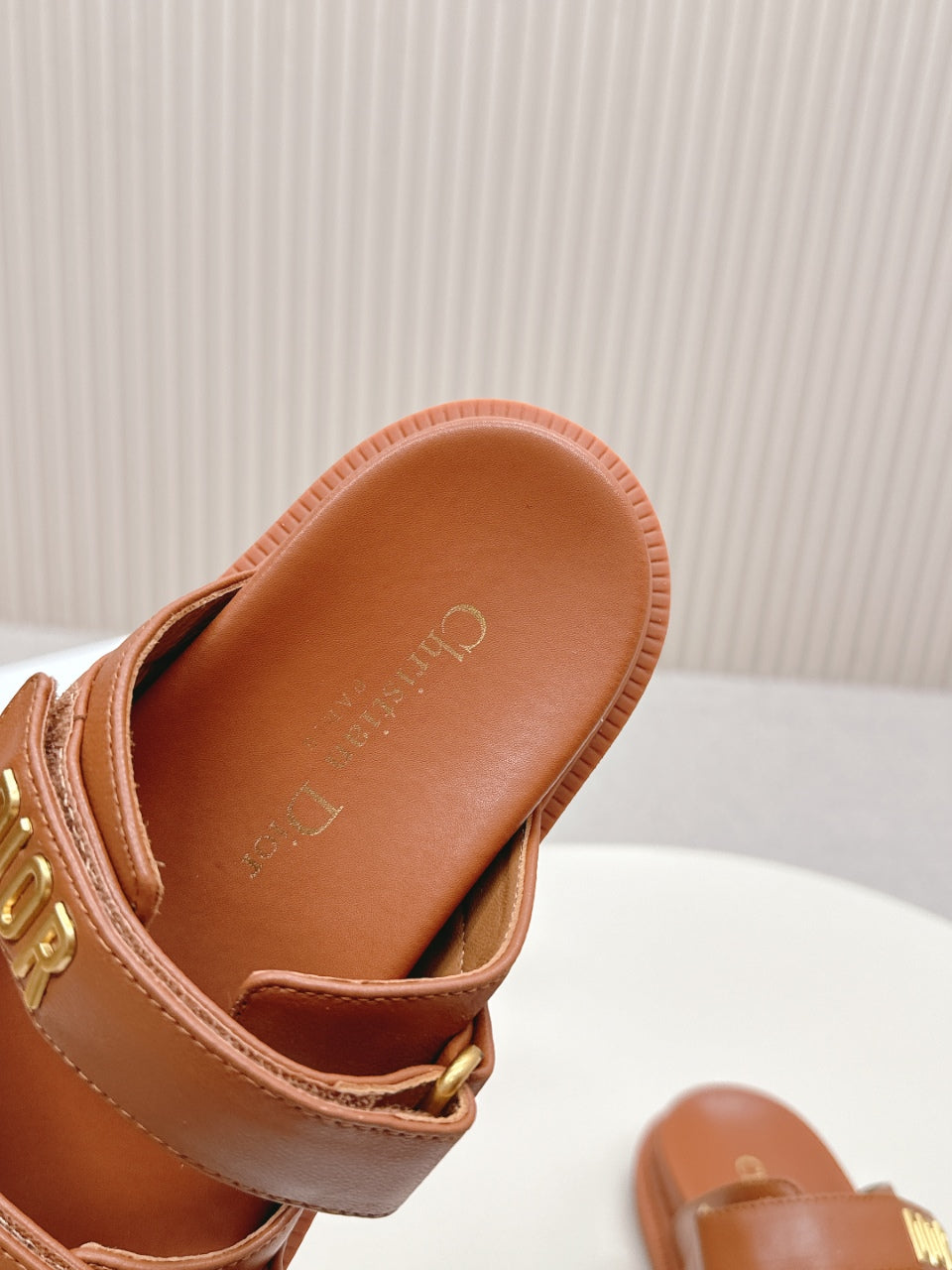 DIOR CLASSIC DOUBLE-STRAP SLIDES 25S IN BROWN CALFSKIN - 35