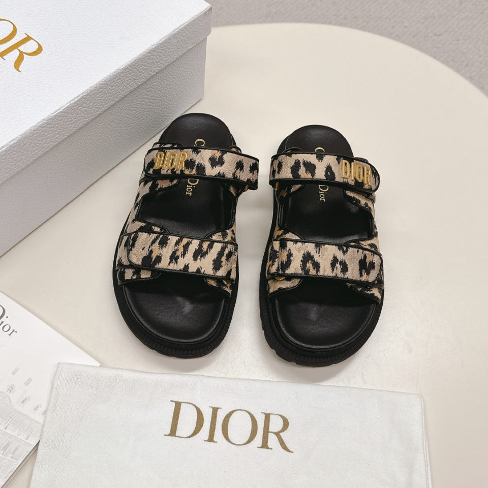 DIOR CLASSIC DOUBLE-STRAP SLIDES 25S IN BROWN MIX BLACK FABRIC AND CALFSKIN WITH LEOPARD PRINT - 35