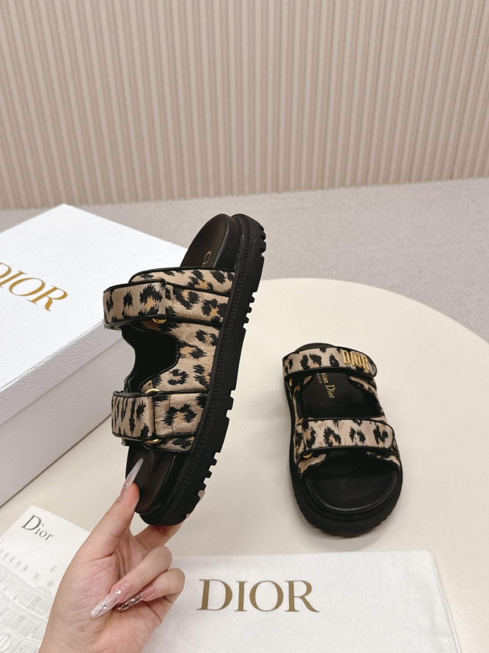 DIOR CLASSIC DOUBLE-STRAP SLIDES 25S IN BROWN MIX BLACK FABRIC AND CALFSKIN WITH LEOPARD PRINT - 35